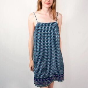 Anthro Maeve 100% Silk Slip Dress Boho Geo Print Strappy Mini L Blue Teal Summer